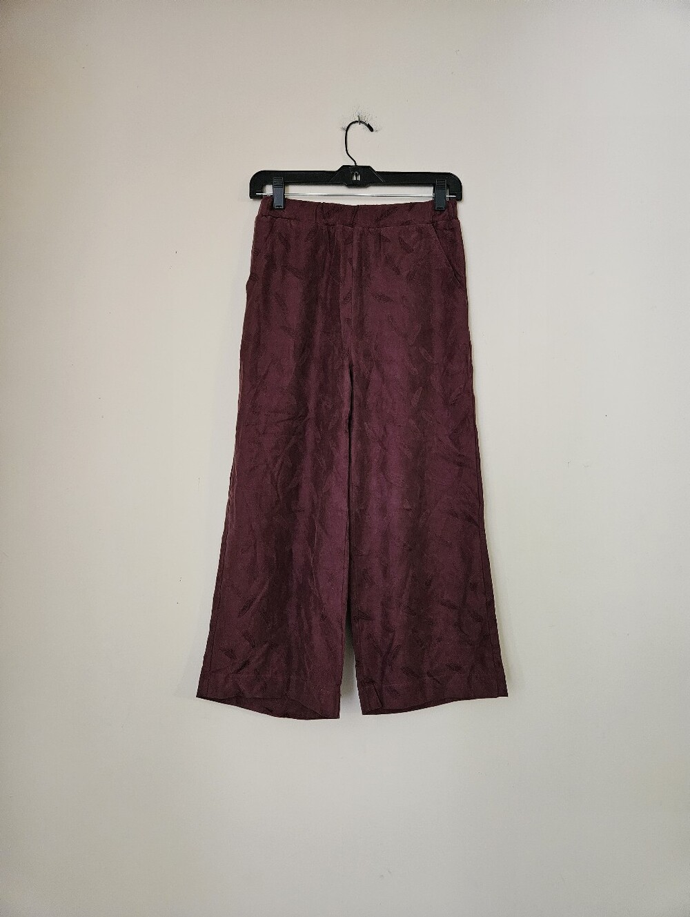 Knot Sisters Women's Cropped Wide-Leg Pants in Deep Burgundy, Size XS